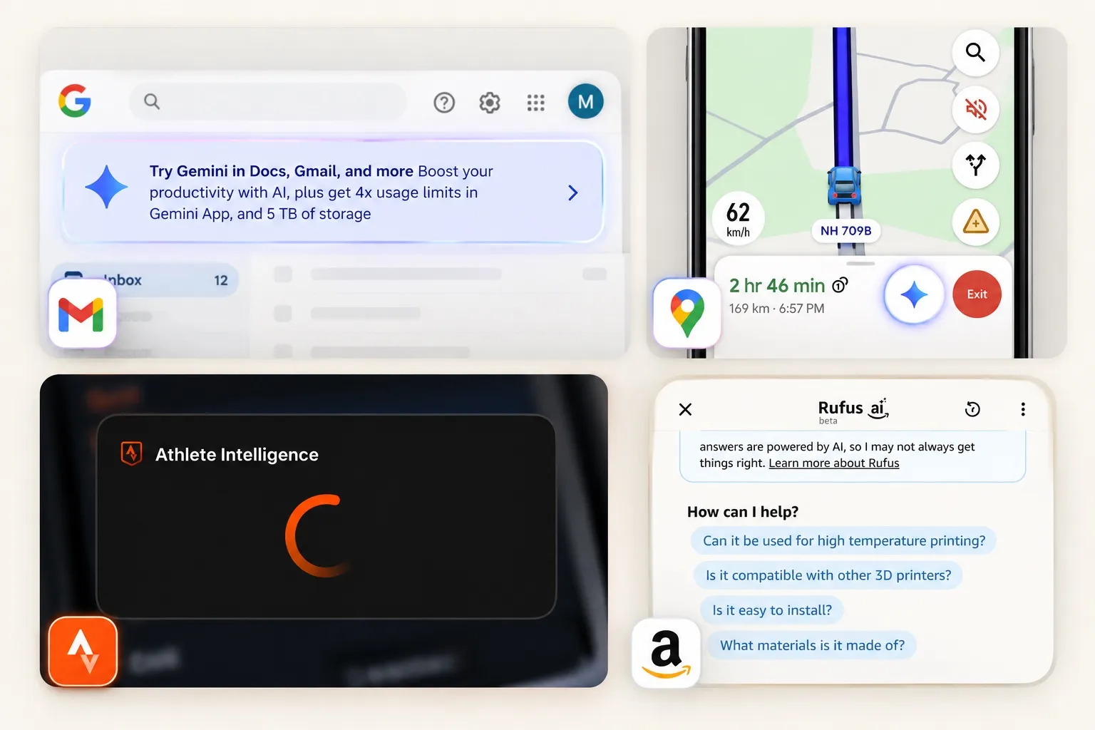 Four AI entry points side by side: a Gemini banner in Gmail, an AI button in Google Maps navigation, Strava's Athlete Intelligence card, and Amazon's Rufus assistant with suggested questions