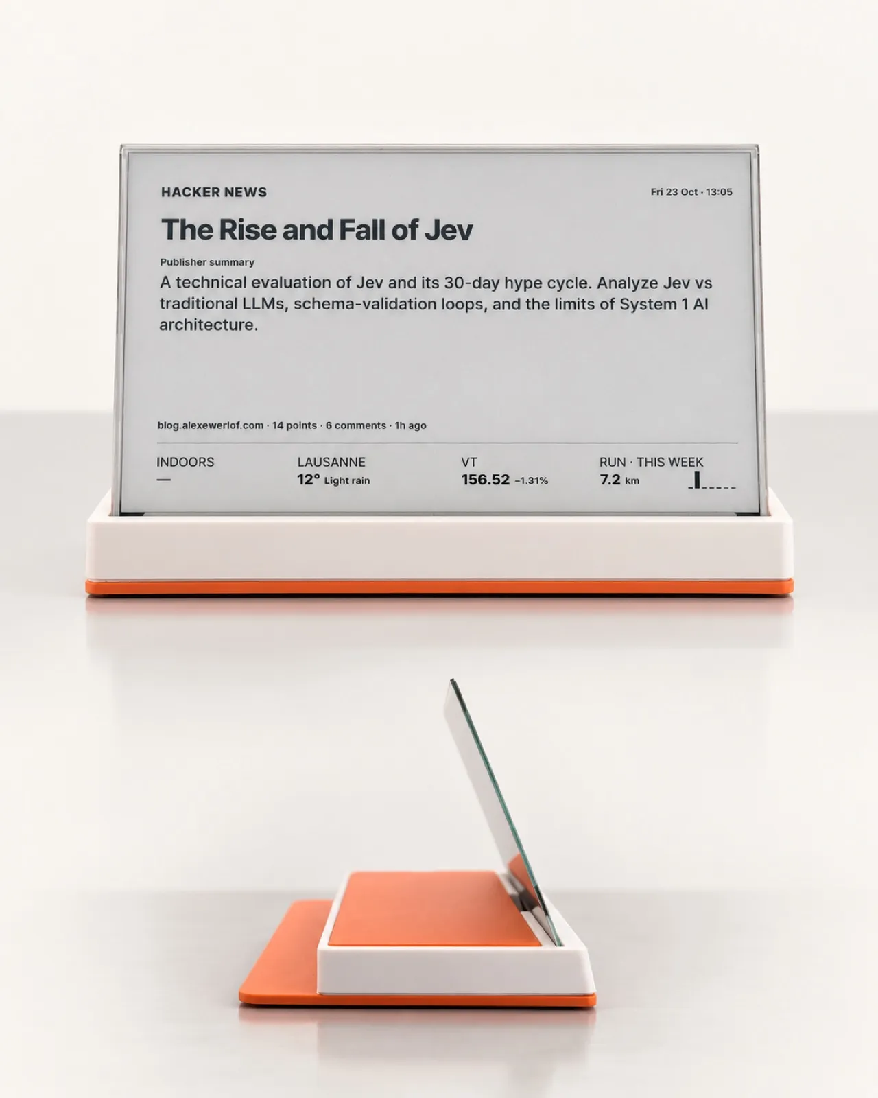 An e-ink display in a white and orange 3D-printed stand showing a Hacker News story summary, local weather, a stock price and this week's running distance; below it a side view of the stand