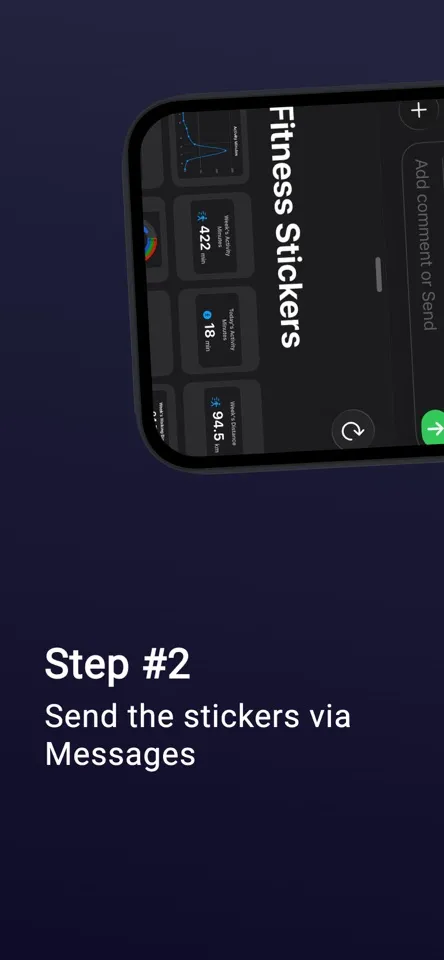 The Fitness Stickers pack open inside the Messages app, showing sticker tiles for the week's activity minutes, today's activity minutes and the week's distance
