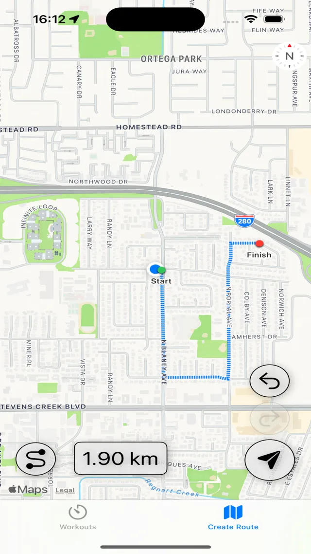 FitCrumbs on iPhone: a 1.90 km route drawn on an Apple Maps view with Start and Finish markers, undo and redo buttons, and a send-to-watch button