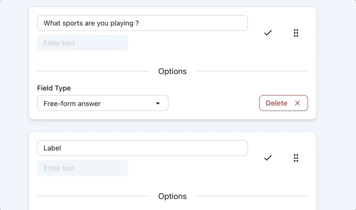 Obsidian Forms plugin editor: a question field, a field-type dropdown set to free-form answer, and a delete button